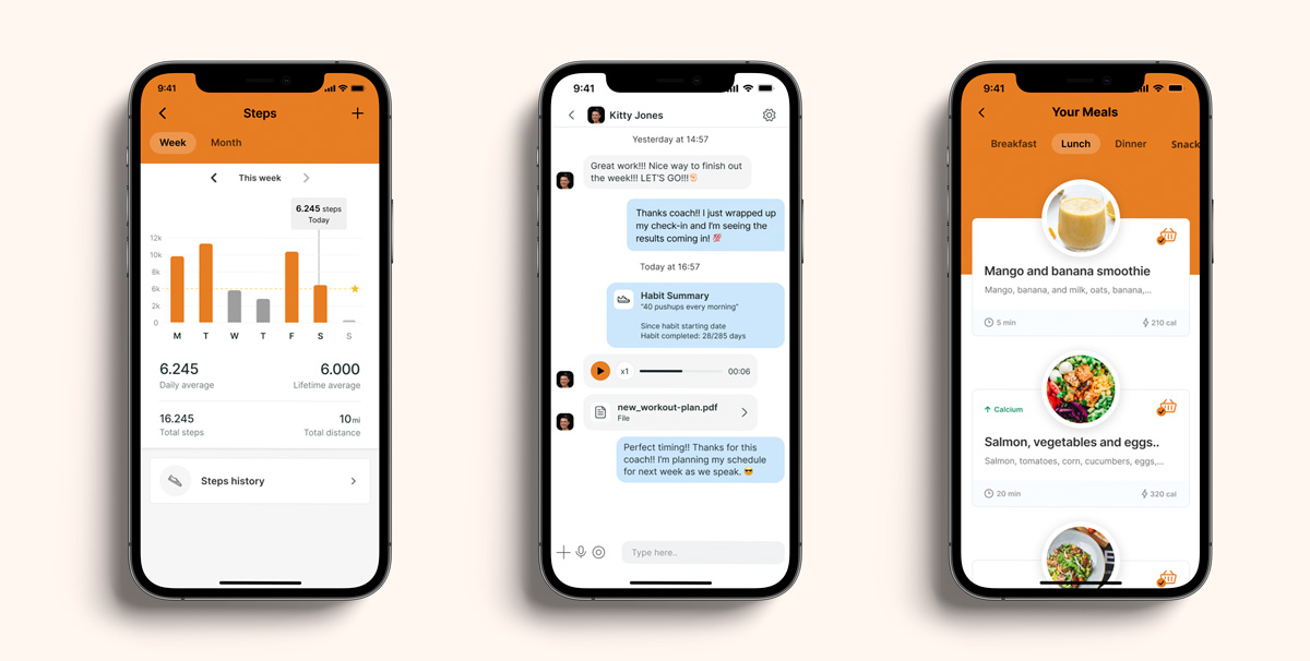 A mockup of the coaching app showcasing the different features.